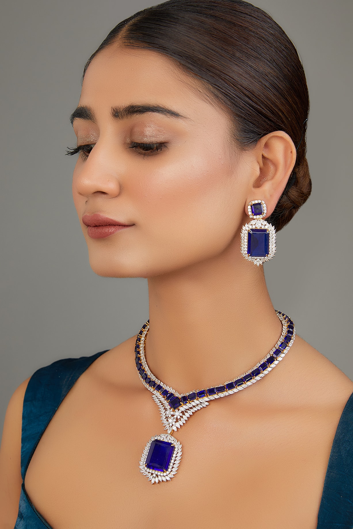Two-Tone Finish Zircon Royal Blue Stone Necklace Set by Studio6