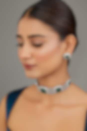 White Finish Zircon & Emerald Stone Choker Necklace Set by Studio6 Jewels