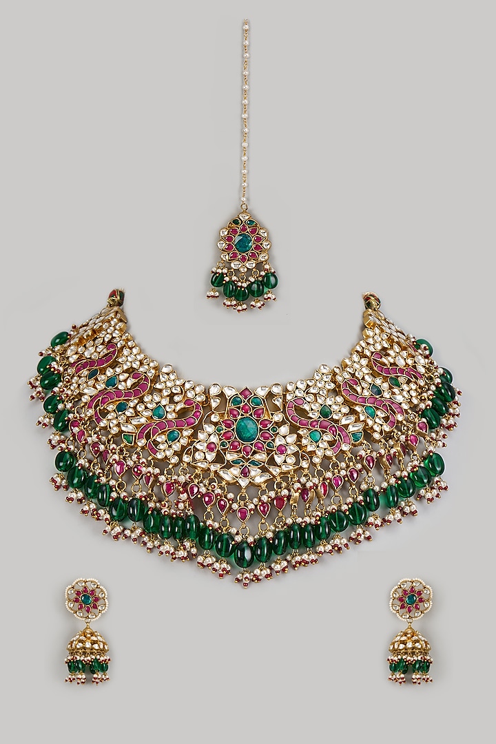 Gold Finish Kundan Polki Meenakari Choker Necklace Set by Studio6 Jewels at Pernia's Pop Up Shop