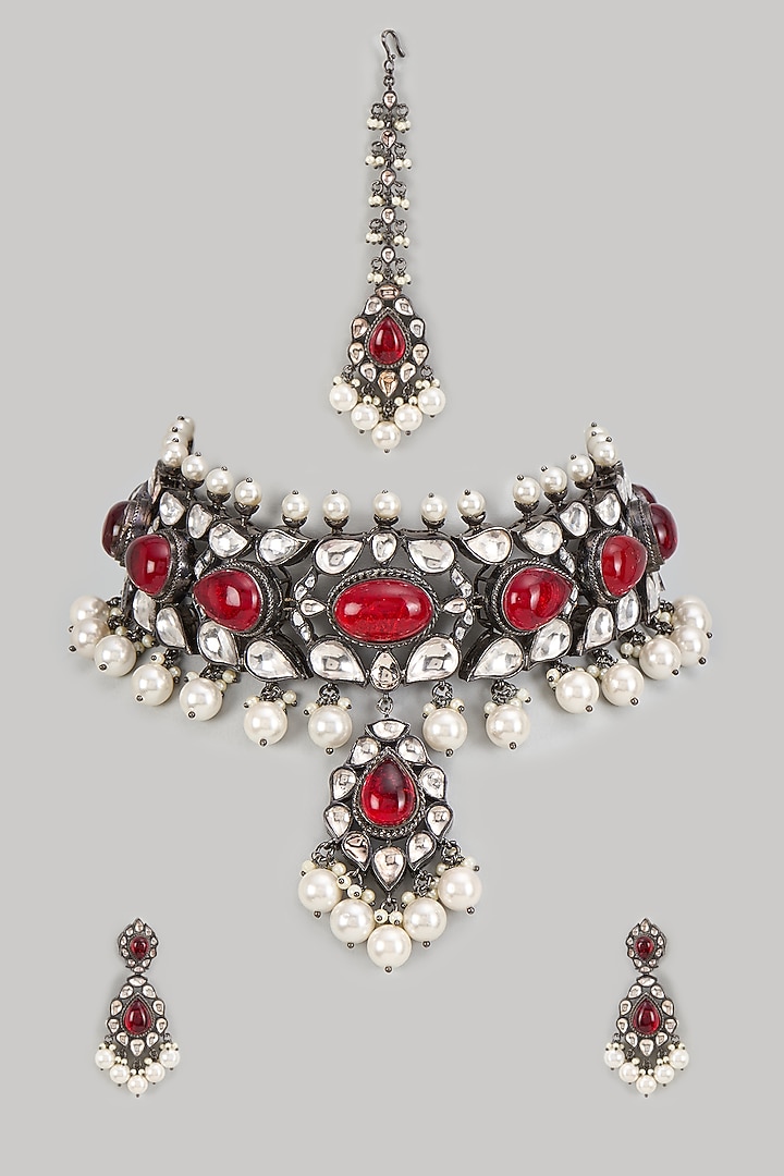Black Rhodium Finish Kundan Polki & Ruby Choker Necklace Set by Studio6 Jewels at Pernia's Pop Up Shop