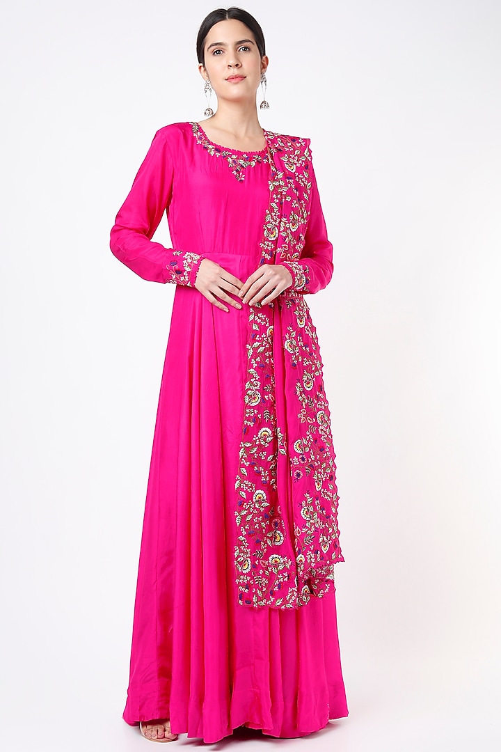 Pink Pure Silk Anarkali Set. by Stotram at Pernia's Pop Up Shop