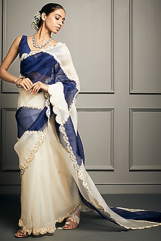 Blue & White Embroidered Saree Set by Stotram