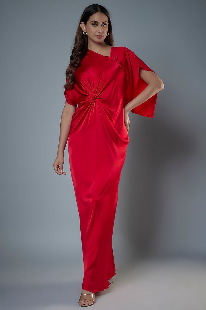 Red Silk Satin One-Shoulder Vacation Dress by Stephany at Pernia's Pop Up Shop