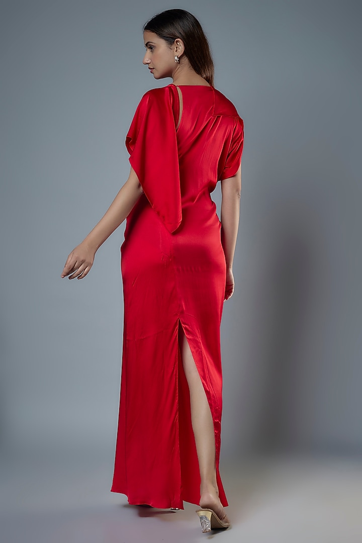 Red Silk Satin One-Shoulder Vacation Dress by Stephany at Pernia's Pop Up Shop