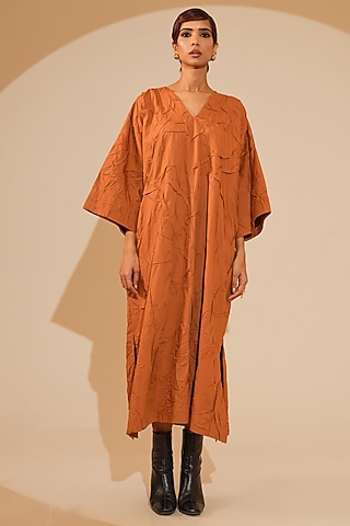 Rust Orange Crushed Cotton Midi Dress by STOIQUE 