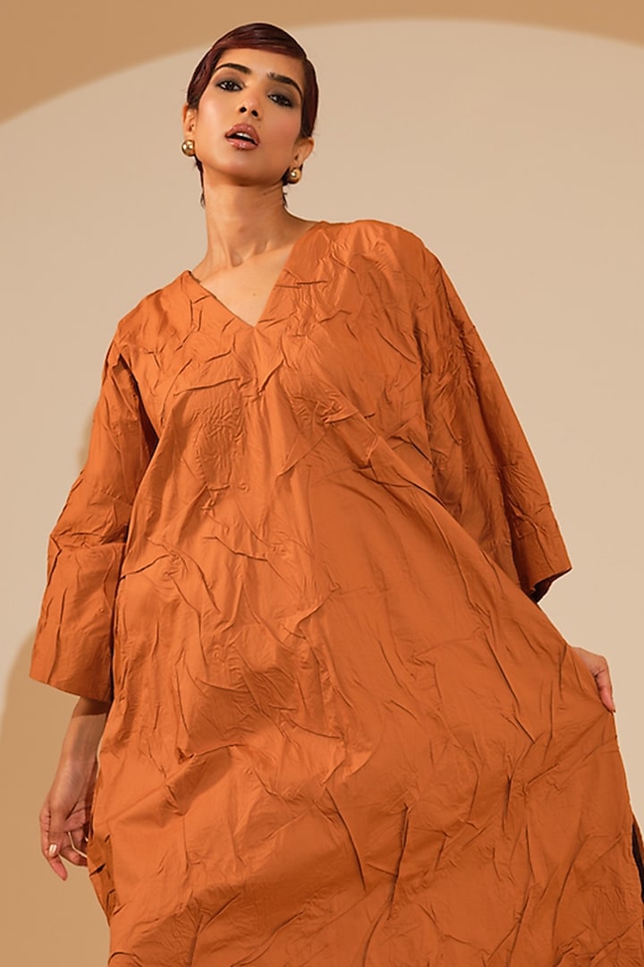 Rust Orange Crushed Cotton Midi Vacation Dress by STOIQUE at Pernia's Pop Up Shop