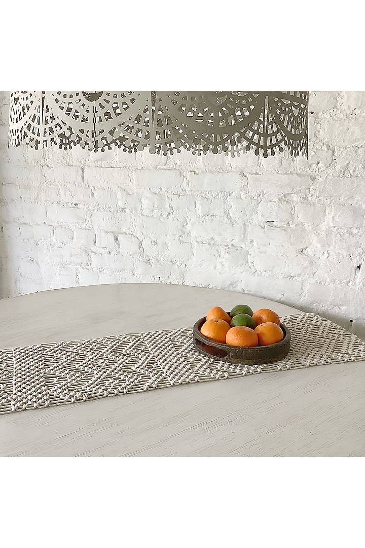 Handknotted Cotton Ecru Macrame Table Runner by Studio Covers