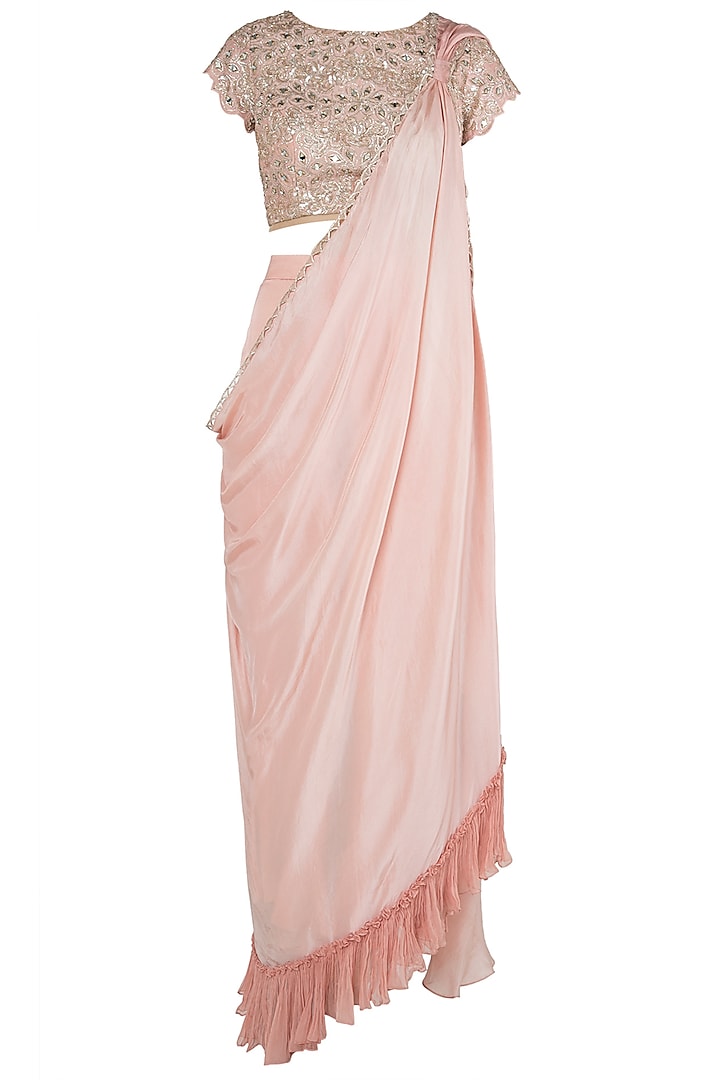 Peach Embellished Blouse With Attached Saree Drape and Palazzo Pants by Shruti Ranka