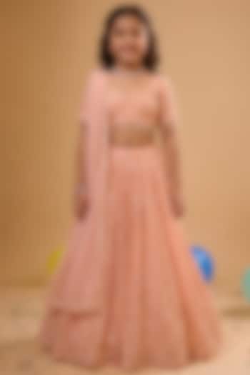 Peach Viscose Georgette Embroidered Lehenga Set For Girls by Starflower by Renee Label at Pernia's Pop Up Shop