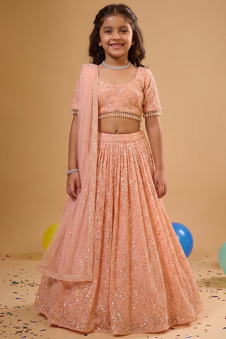 Peach Viscose Georgette Embroidered Lehenga Set For Girls by Starflower by Renee Label at Pernia's Pop Up Shop