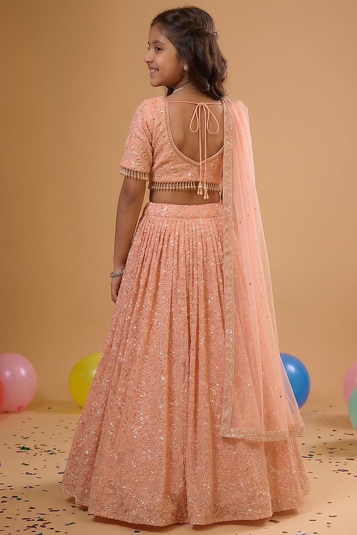 Peach Viscose Georgette Embroidered Lehenga Set For Girls by Starflower by Renee Label at Pernia's Pop Up Shop