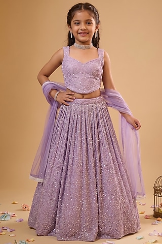Lavender Viscose Georgette Embroidered Lehenga Set For Girls by Starflower by Renee Label