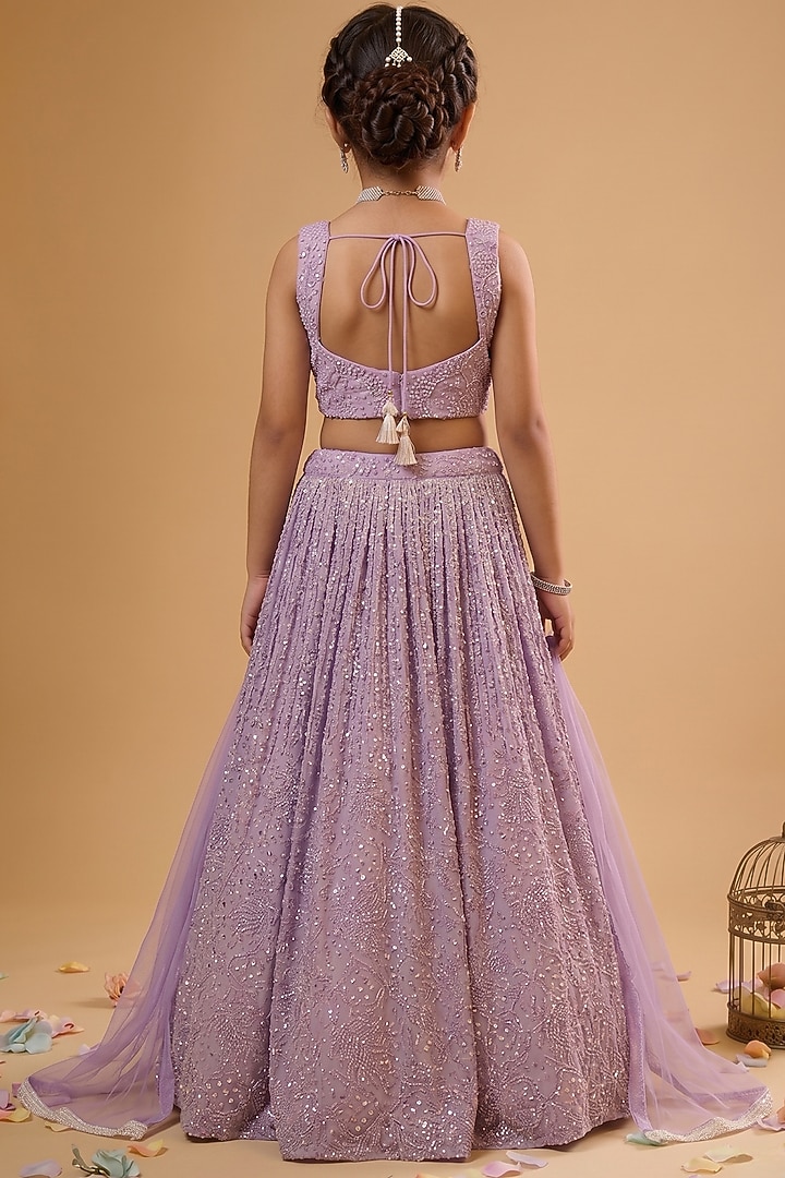 Lavender Viscose Georgette Embroidered Lehenga Set For Girls by Starflower by Renee Label at Pernia's Pop Up Shop