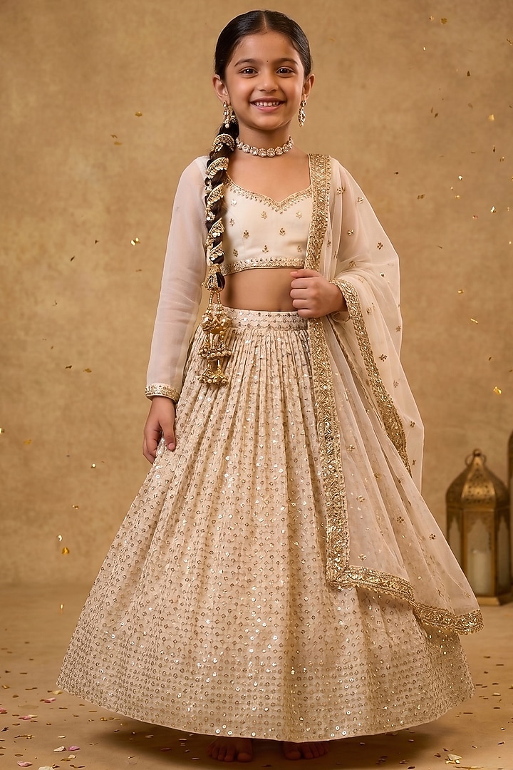 Ivory Viscose Georgette Embroidered Lehenga Set For Girls by Starflower by Renee Label at Pernia's Pop Up Shop
