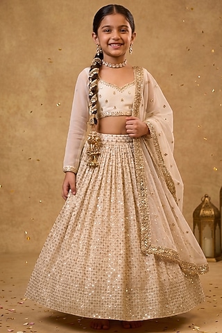 Ivory Viscose Georgette Embroidered Lehenga Set For Girls by Starflower by Renee Label