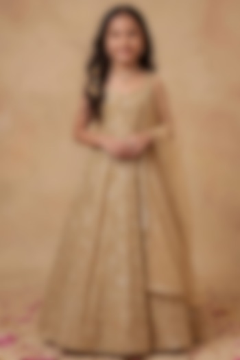 Champagne Gold Viscose Georgette Embroidered Anarkali Set For Girls by Starflower by Renee Label at Pernia's Pop Up Shop