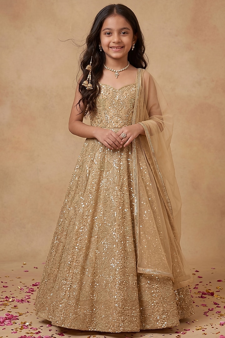 Champagne Gold Viscose Georgette Embroidered Anarkali Set For Girls by Starflower by Renee Label at Pernia's Pop Up Shop