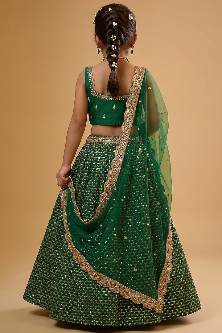 Emerald Green Viscose Georgette Embroidered Lehenga Set For Girls by Starflower by Renee Label at Pernia's Pop Up Shop