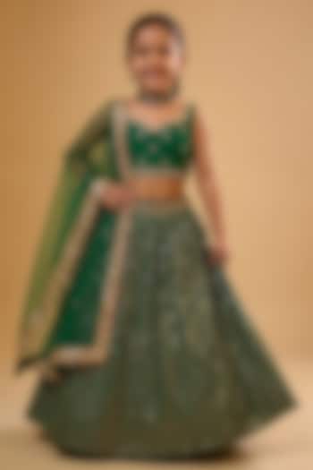 Emerald Green Viscose Georgette Embroidered Lehenga Set For Girls by Starflower by Renee Label at Pernia's Pop Up Shop