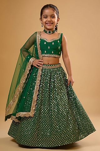 Emerald Green Viscose Georgette Embroidered Lehenga Set For Girls by Starflower by Renee Label
