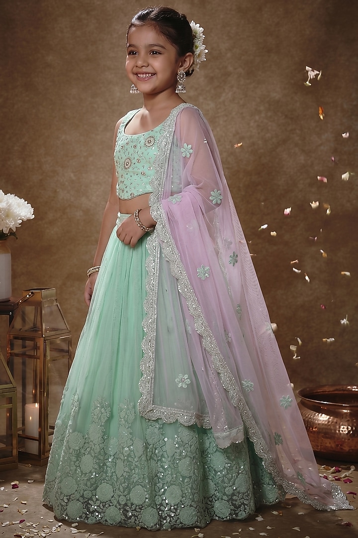 Mint Soft Net Sequins Embroidered Lehenga Set For Girls by Starflower by Renee Label at Pernia's Pop Up Shop