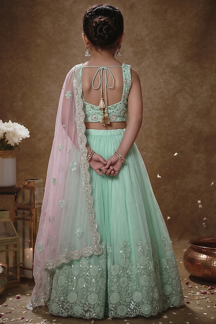 Mint Soft Net Sequins Embroidered Lehenga Set For Girls by Starflower by Renee Label at Pernia's Pop Up Shop