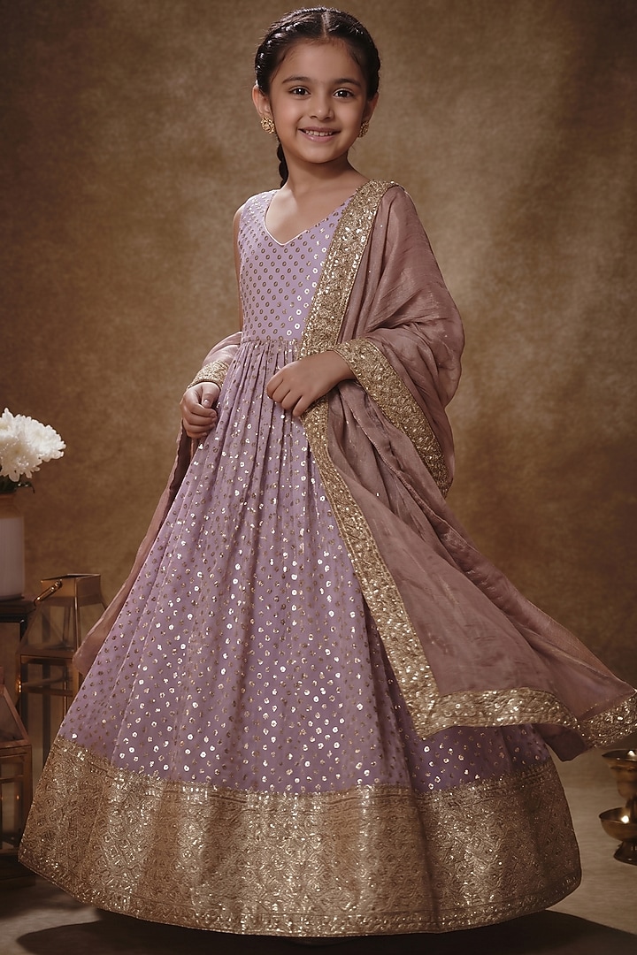 Lilac Viscose Georgette Embroidered Anarkali Set For Girls by Starflower by Renee Label at Pernia's Pop Up Shop