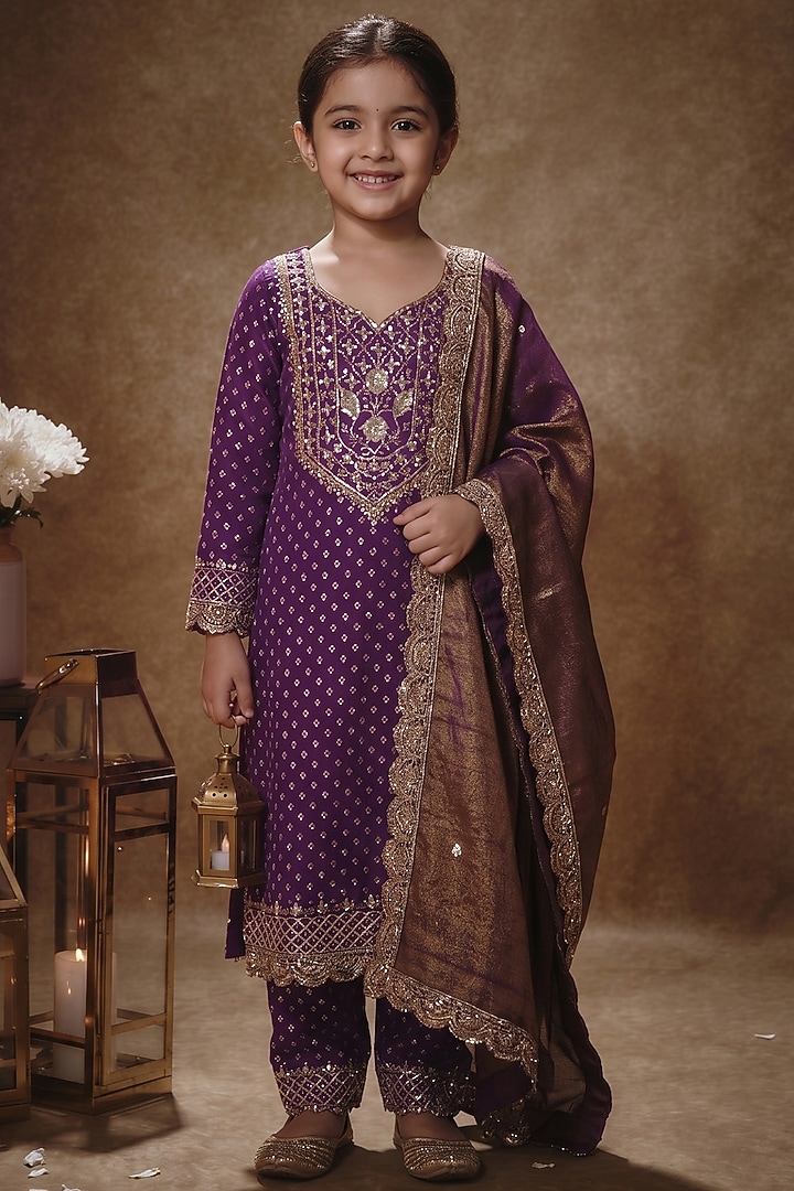 Royal Purple Viscose Georgette Embroidered Kurta Set For Girls by Starflower by Renee Label at Pernia's Pop Up Shop