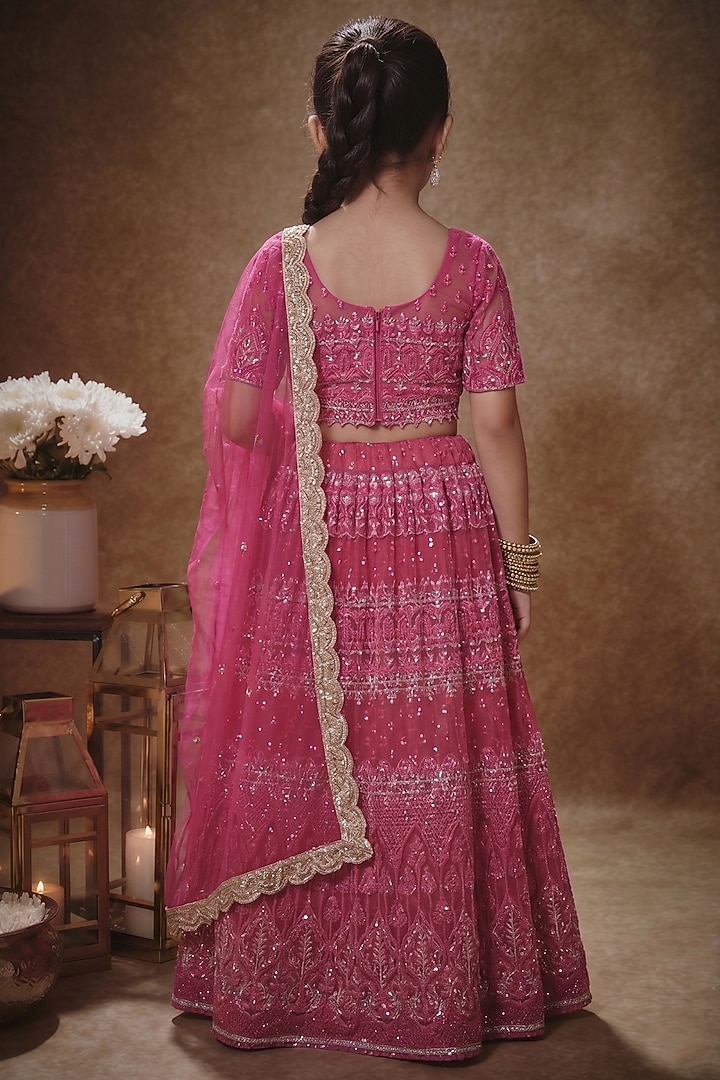 Pink Soft Net Thread Embroidered Lehenga Set For Girls by Starflower by Renee Label at Pernia's Pop Up Shop