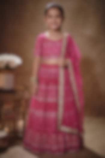 Pink Soft Net Thread Embroidered Lehenga Set For Girls by Starflower by Renee Label at Pernia's Pop Up Shop