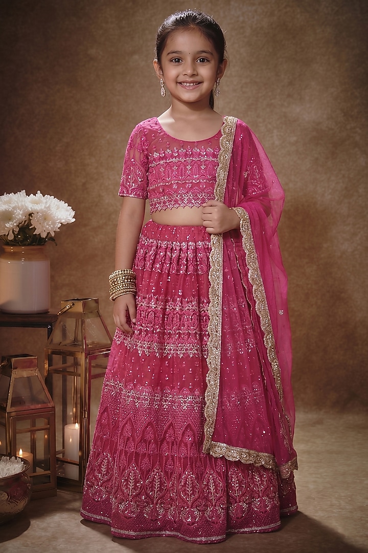 Pink Soft Net Thread Embroidered Lehenga Set For Girls by Starflower by Renee Label at Pernia's Pop Up Shop