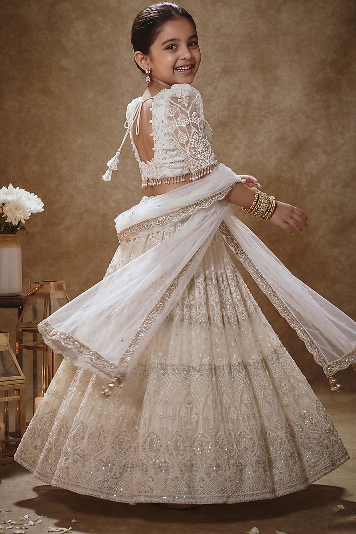 Porcelain White Soft Net Embroidered Lehenga Set For Girls by Starflower by Renee Label at Pernia's Pop Up Shop