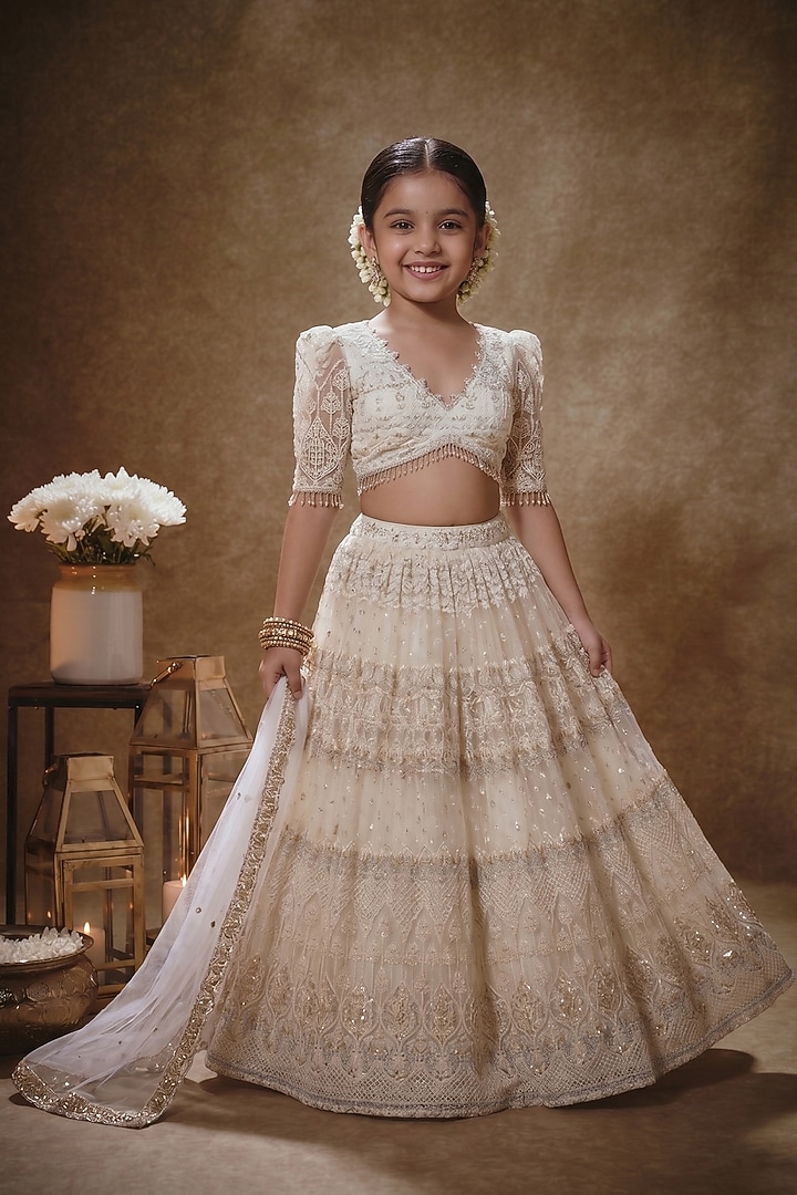 Porcelain White Soft Net Embroidered Lehenga Set For Girls by Starflower by Renee Label at Pernia's Pop Up Shop