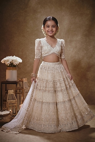 Porcelain White Soft Net Embroidered Lehenga Set For Girls by Starflower by Renee Label