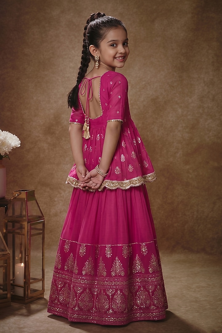 Pink Viscose Georgette Machine Embroidered Lehenga Set For Girls by Starflower by Renee Label at Pernia's Pop Up Shop