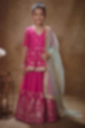 Pink Viscose Georgette Machine Embroidered Lehenga Set For Girls by Starflower by Renee Label at Pernia's Pop Up Shop