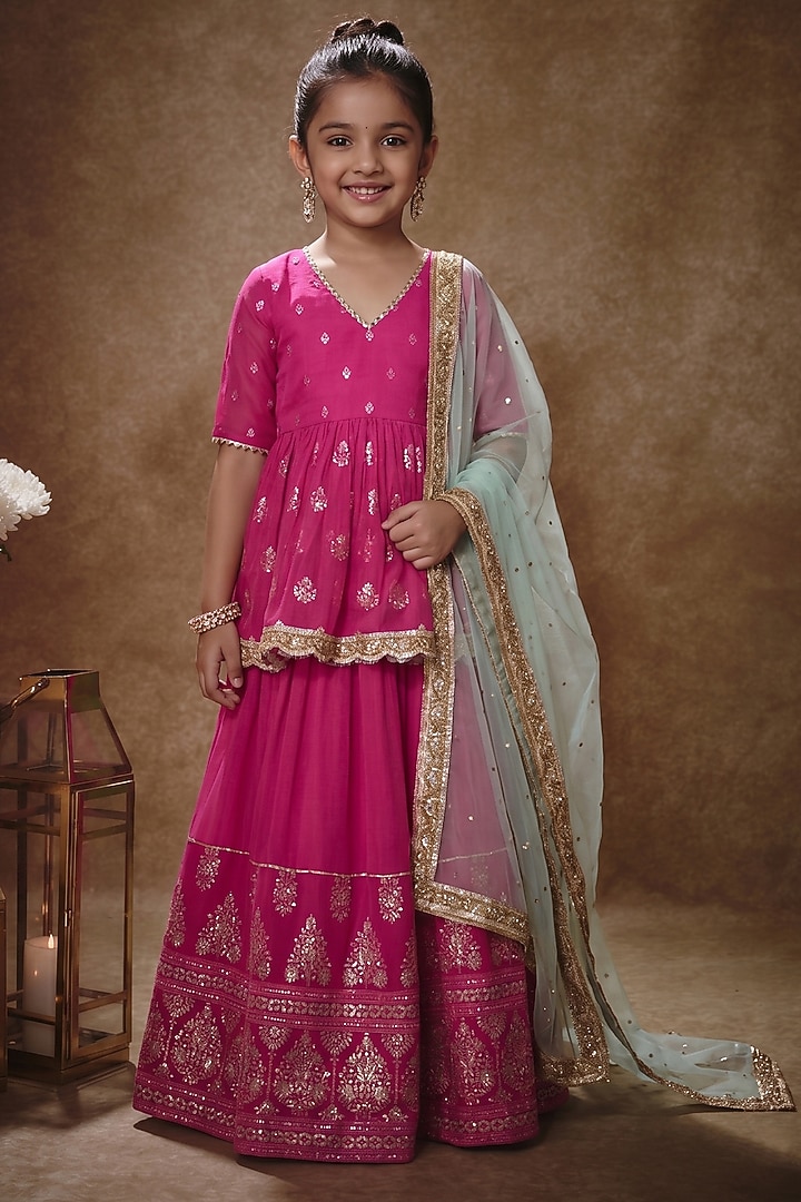 Pink Viscose Georgette Machine Embroidered Lehenga Set For Girls by Starflower by Renee Label at Pernia's Pop Up Shop