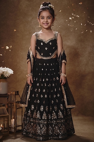 Black Viscose Georgette Machine Embroidered Lehenga Set For Girls by Starflower by Renee Label