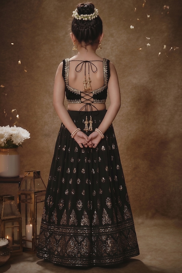 Black Viscose Georgette Machine Embroidered Lehenga Set For Girls by Starflower by Renee Label at Pernia's Pop Up Shop