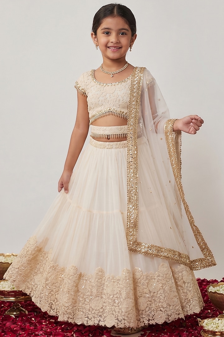 Ivory Soft Net Embroidered Lehenga Set For Girls by Starflower by Renee Label at Pernia's Pop Up Shop
