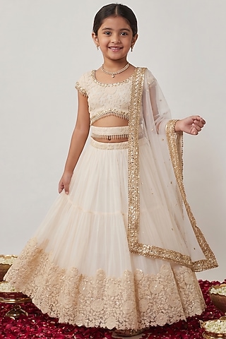 Ivory Soft Net Embroidered Lehenga Set For Girls by Starflower by Renee Label