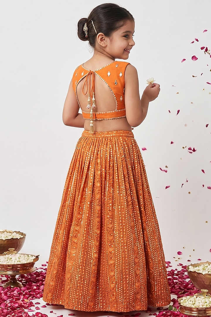 Saffron Orange Viscose Georgette Embroidered Lehenga Set For Girls by Starflower by Renee Label at Pernia's Pop Up Shop