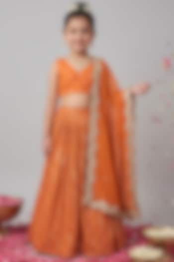 Saffron Orange Viscose Georgette Embroidered Lehenga Set For Girls by Starflower by Renee Label at Pernia's Pop Up Shop