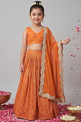 Saffron Orange Viscose Georgette Embroidered Lehenga Set For Girls by Starflower by Renee Label