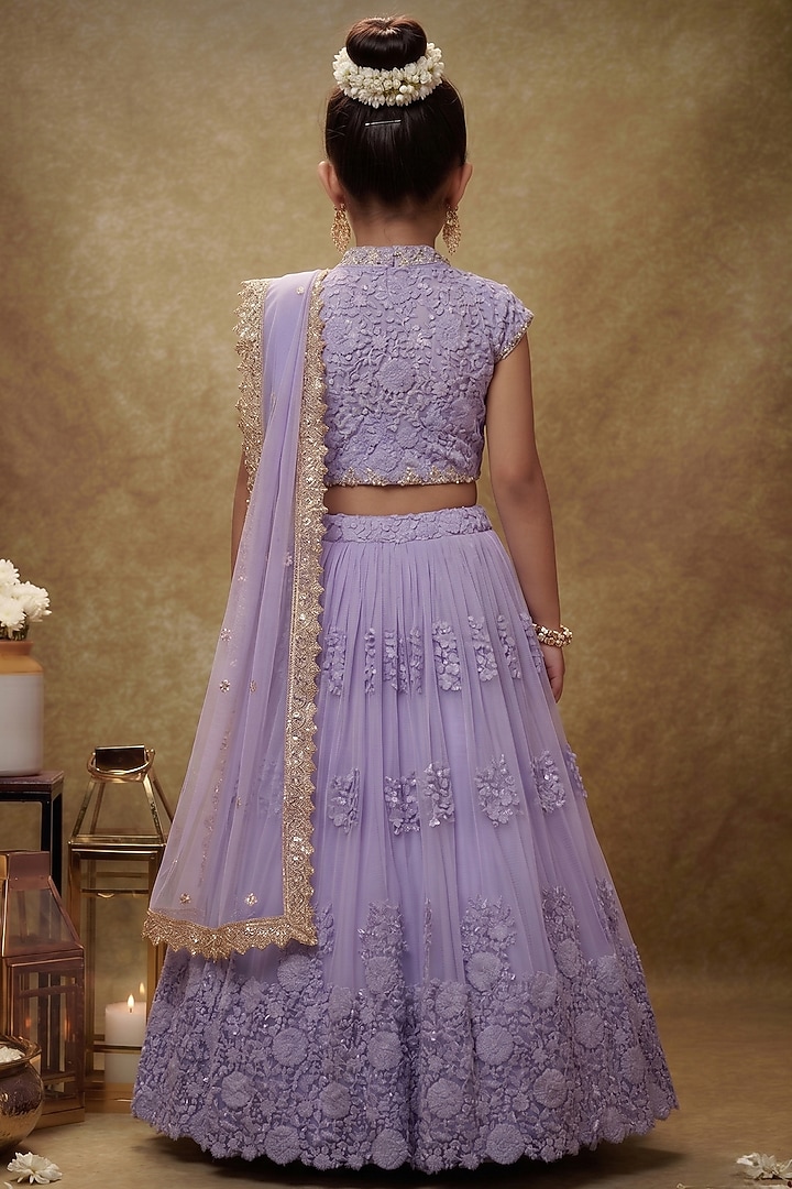 Lavender Soft Net Embroidered Lehenga Set For Girls by Starflower by Renee Label at Pernia's Pop Up Shop