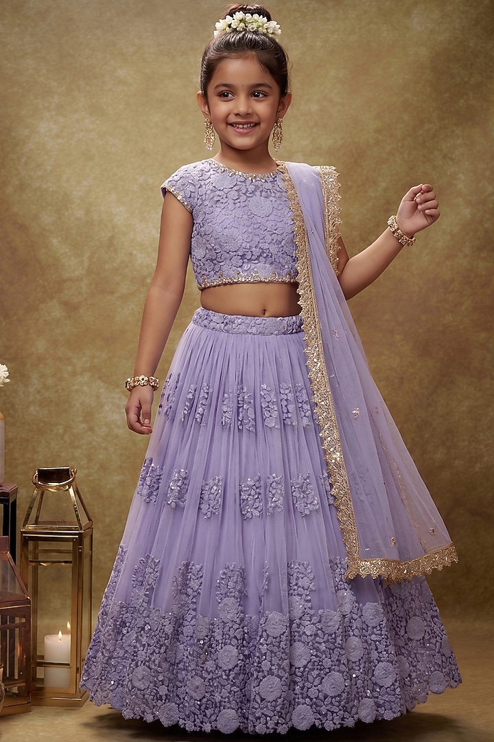 Lavender Soft Net Embroidered Lehenga Set For Girls  by Starflower by Renee Label at Pernia's Pop Up Shop
