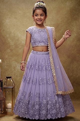 Lavender Soft Net Embroidered Lehenga Set For Girls  by Starflower by Renee Label