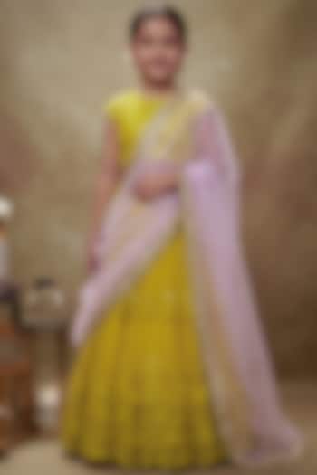 Haldi Yellow Soft Net Embroidered Lehenga Set For Girls  by Starflower by Renee Label at Pernia's Pop Up Shop