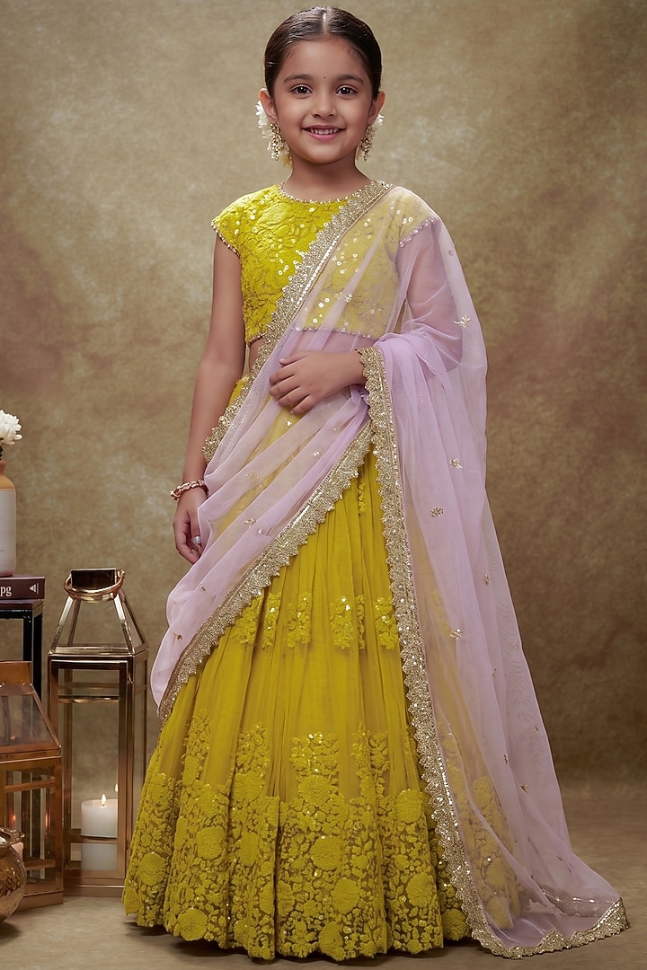 Haldi Yellow Soft Net Embroidered Lehenga Set For Girls  by Starflower by Renee Label at Pernia's Pop Up Shop