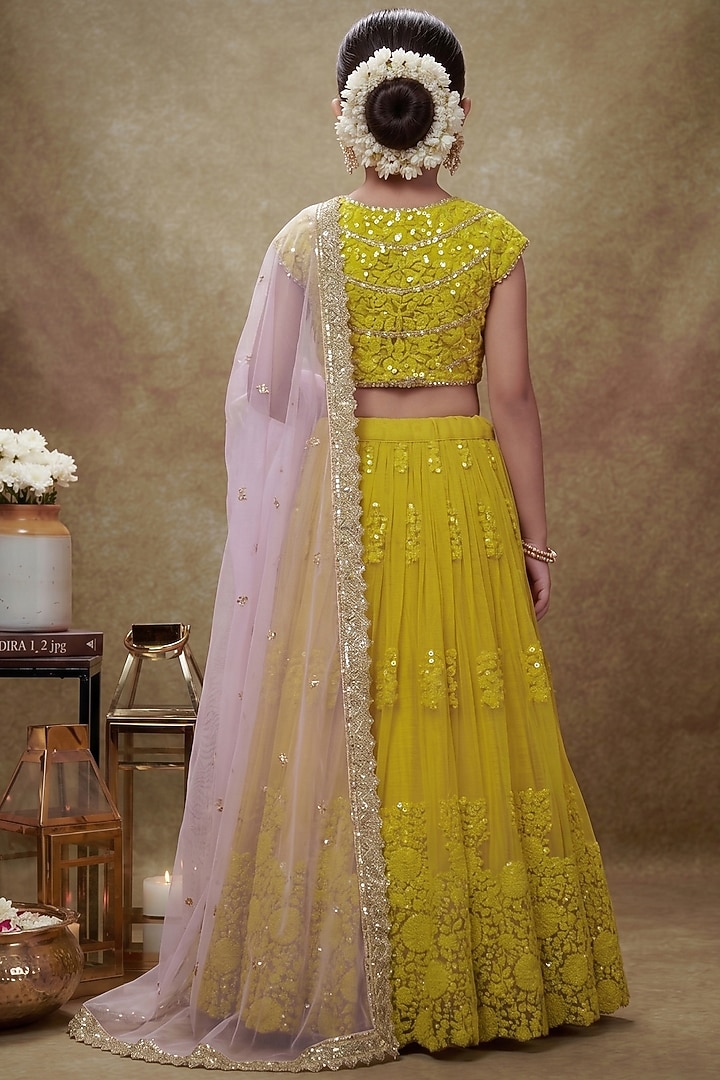 Haldi Yellow Soft Net Embroidered Lehenga Set For Girls by Starflower by Renee Label at Pernia's Pop Up Shop